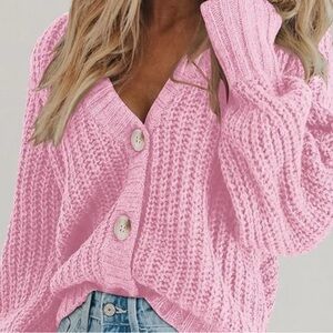 Pink Knit Button-Up Sweater